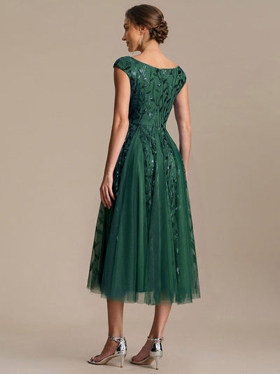 V-Neck Midi Sequin Sleeveless Wedding Guest Dress #color_Dark Green