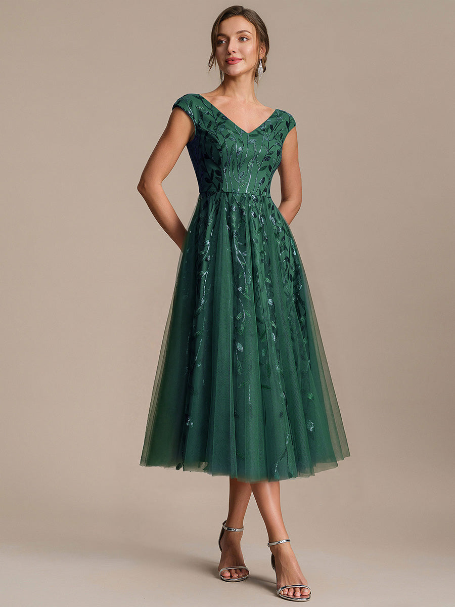 V-Neck Midi Sequin Sleeveless Wedding Guest Dress #color_Dark Green