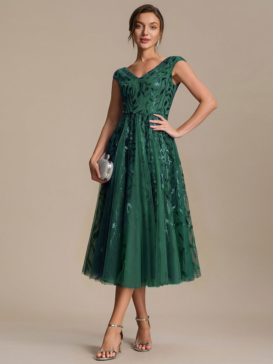 V-Neck Midi Sequin Sleeveless Wedding Guest Dress #color_Dark Green