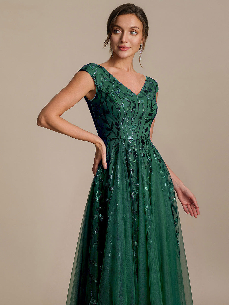 V-Neck Midi Sequin Sleeveless Wedding Guest Dress #color_Dark Green