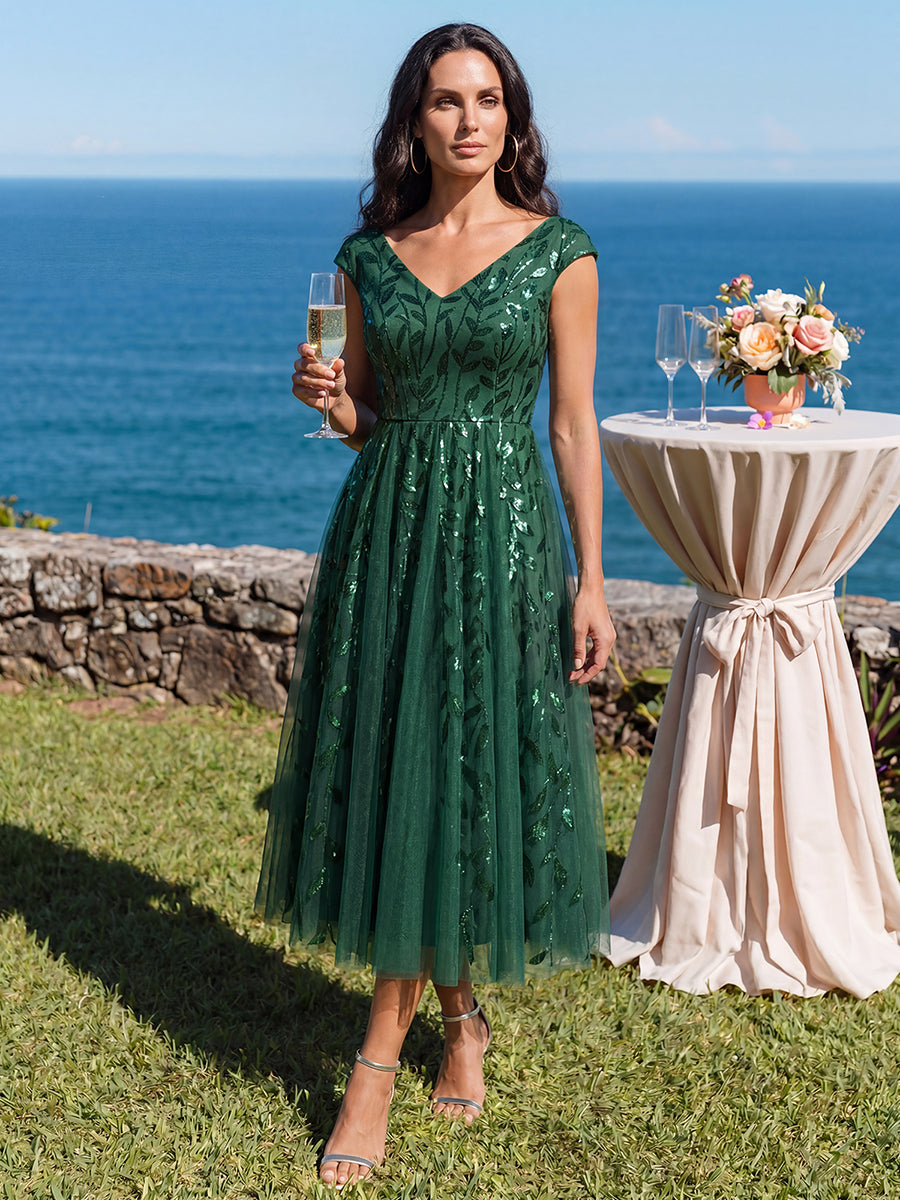 V-Neck Midi Sequin Sleeveless Wedding Guest Dress #color_Dark Green