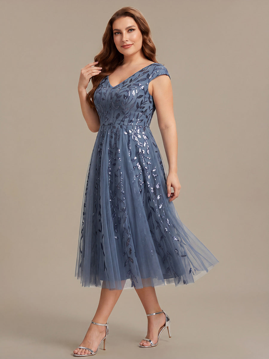 Ever-Pretty V-Neck Midi Sequin Sleeveless Cocktail Dress In Dusty Blue Size 4