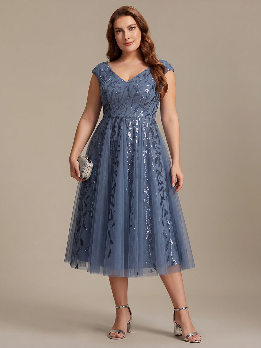 Plus Size V-Neck Sequin Wedding Guest Dress #color_Dusty Blue