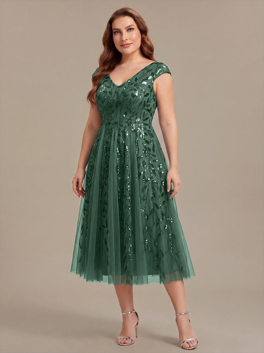 Plus Size V-Neck Sequin Wedding Guest Dress #color_Eucalyptus