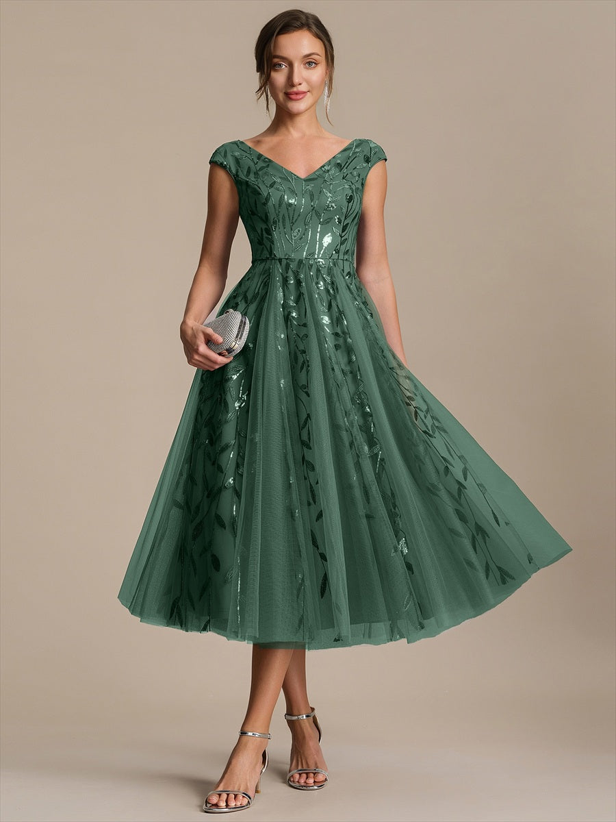 V-Neck Midi Sequin Sleeveless Wedding Guest Dress #color_Eucalyptus