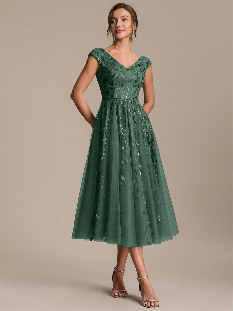 V-Neck Midi Sequin Sleeveless Wedding Guest Dress #color_Eucalyptus