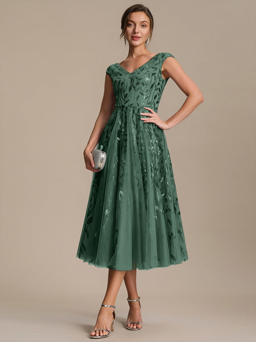 V-Neck Midi Sequin Sleeveless Wedding Guest Dress #color_Eucalyptus
