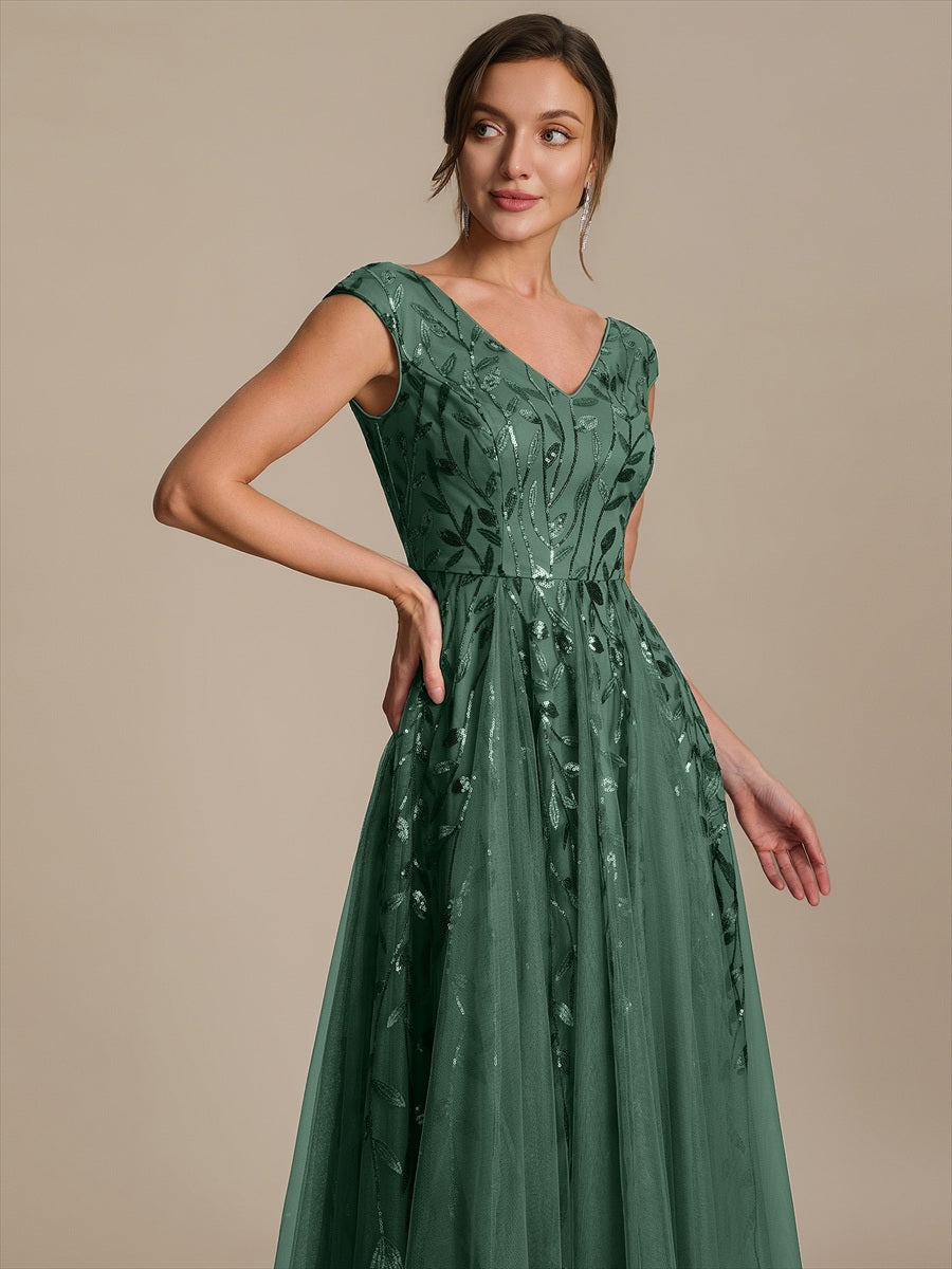 V-Neck Midi Sequin Sleeveless Wedding Guest Dress #color_Eucalyptus