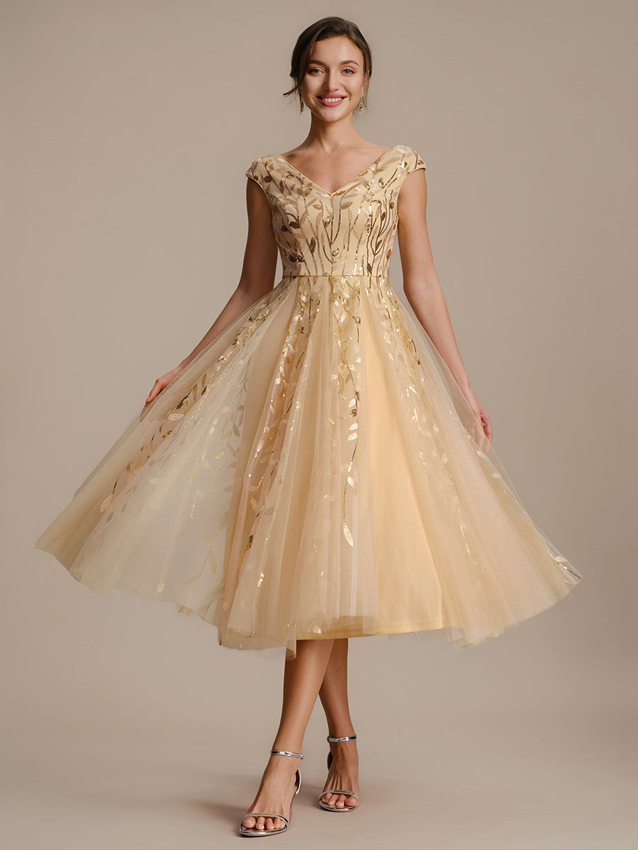 V-Neck Midi Sequin Sleeveless Wedding Guest Dress #color_Gold