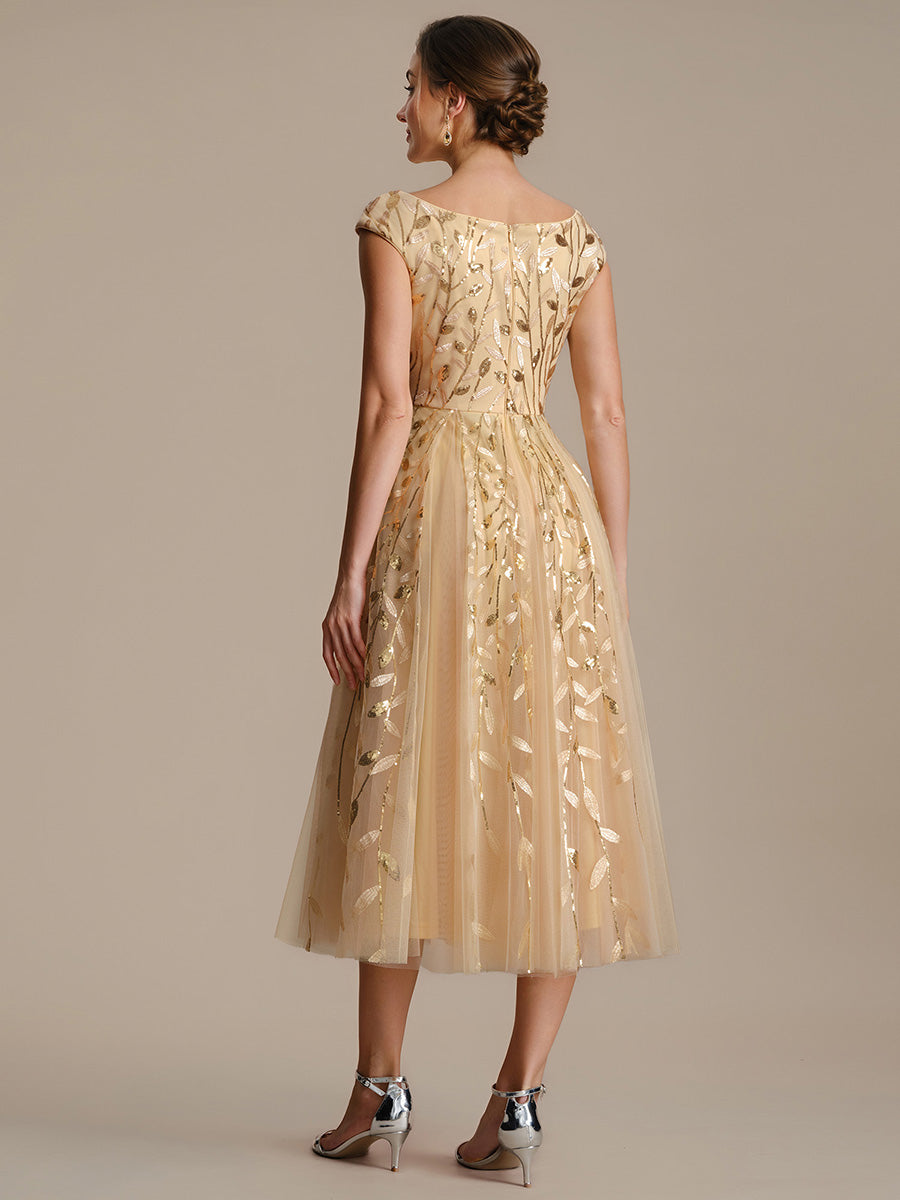 V-Neck Midi Sequin Sleeveless Wedding Guest Dress #color_Gold