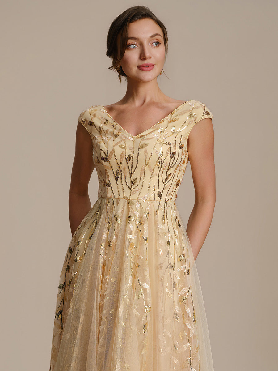 V-Neck Midi Sequin Sleeveless Wedding Guest Dress #color_Gold