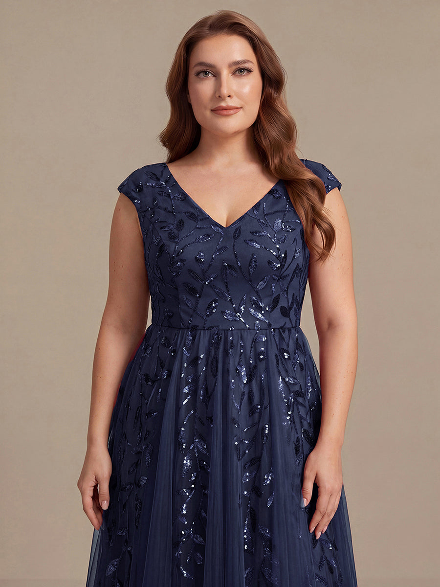 Plus Size V-Neck Sequin Wedding Guest Dress #color_Navy Blue