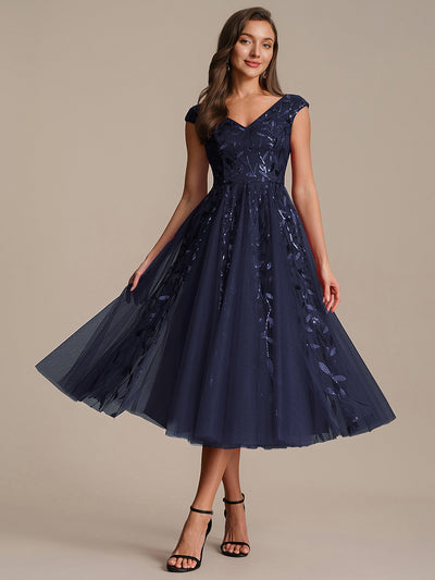 V-Neck Midi Sequin Sleeveless Wedding Guest Dress