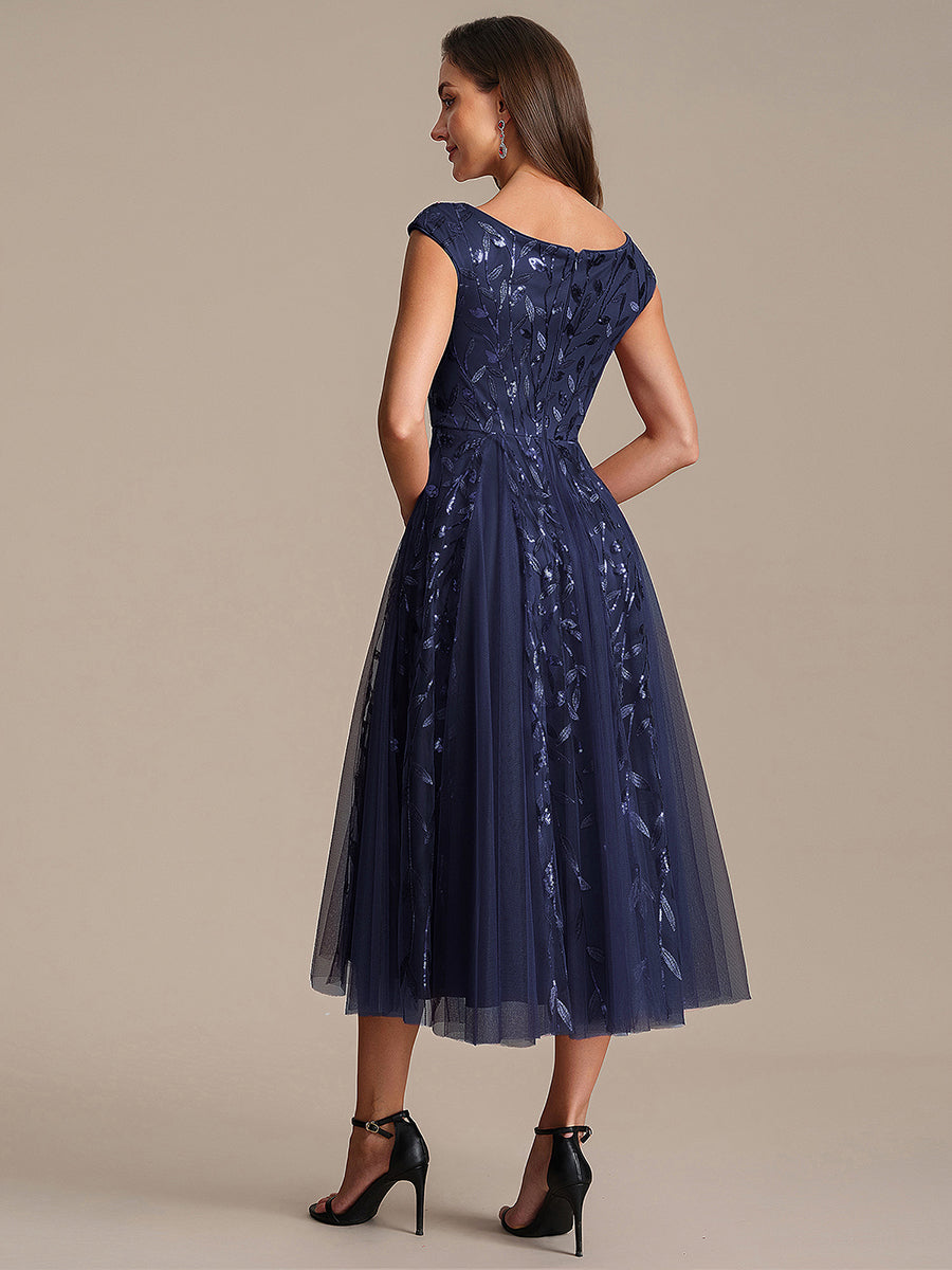 V-Neck Midi Sequin Sleeveless Wedding Guest Dress #color_Navy Blue