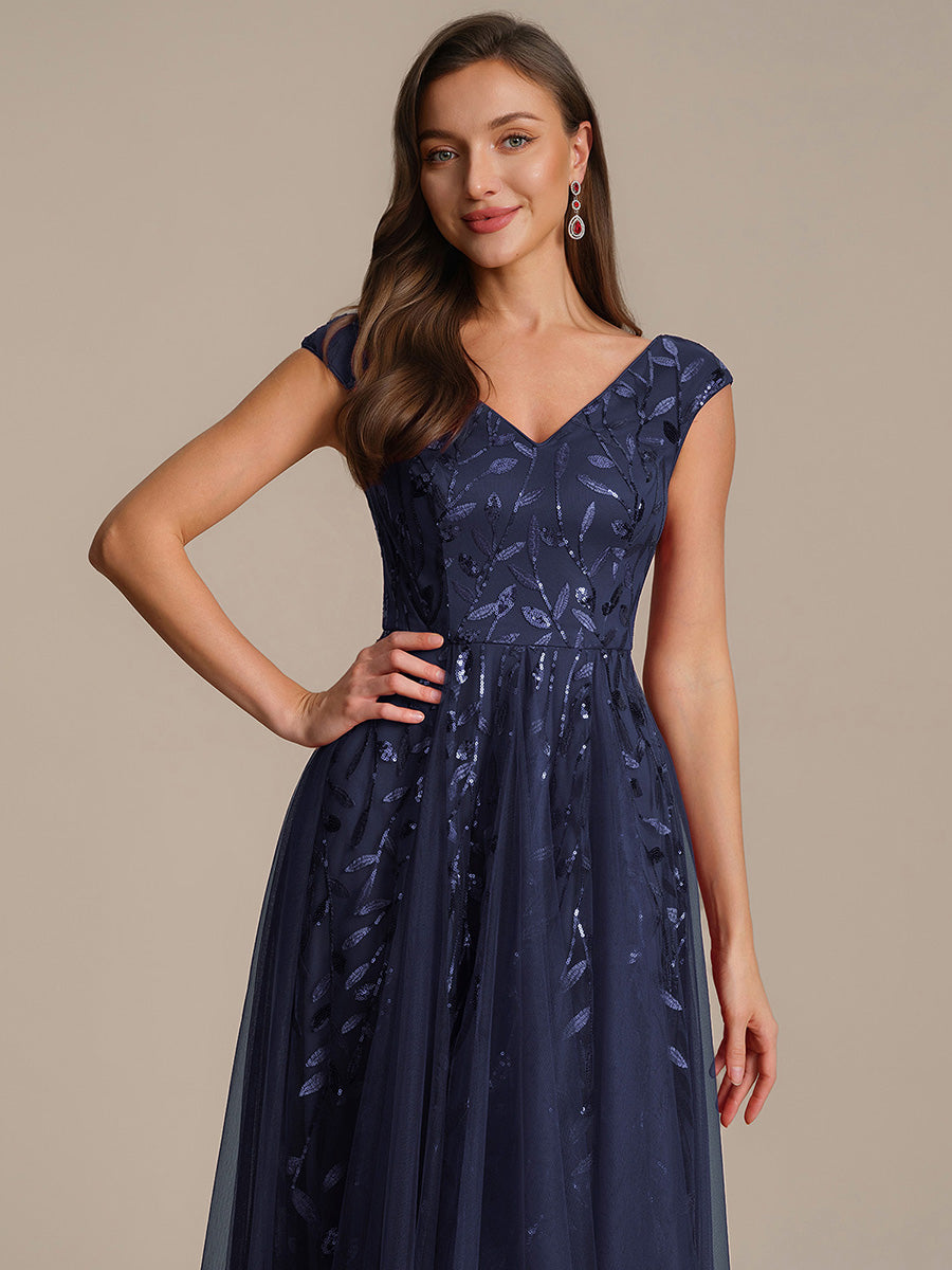 V-Neck Midi Sequin Sleeveless Wedding Guest Dress #color_Navy Blue