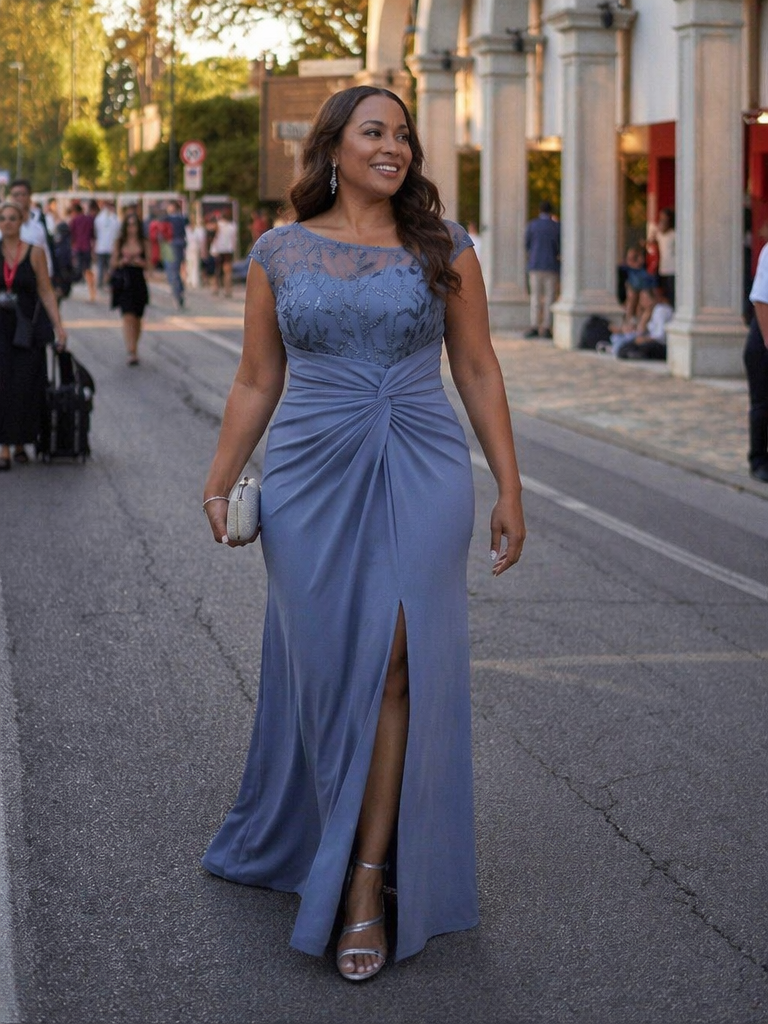 Plus Size Knotted Crepe Wedding Guest Dress #color_Dusty Blue