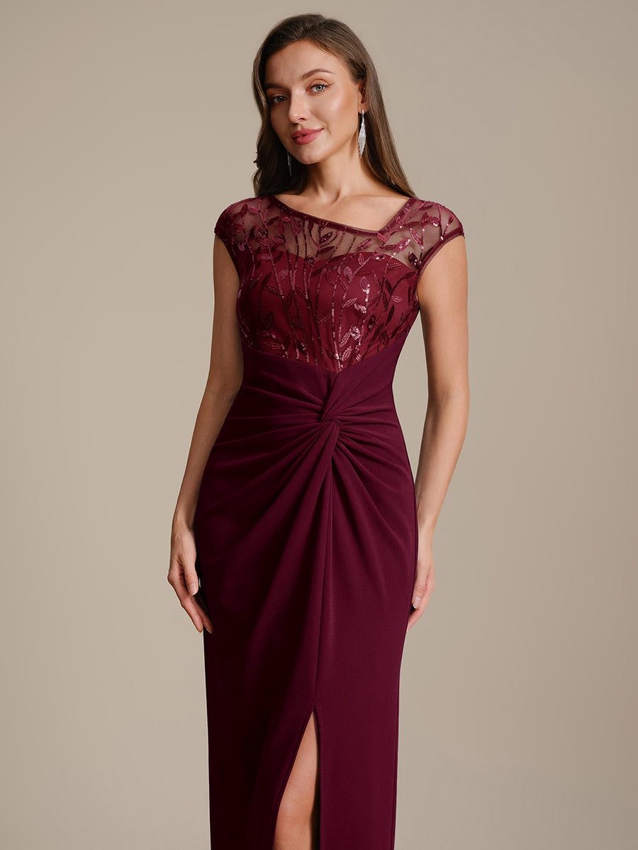 Knotted Crepe Cap Sleeve Wedding Guest Dress #color_Burgundy
