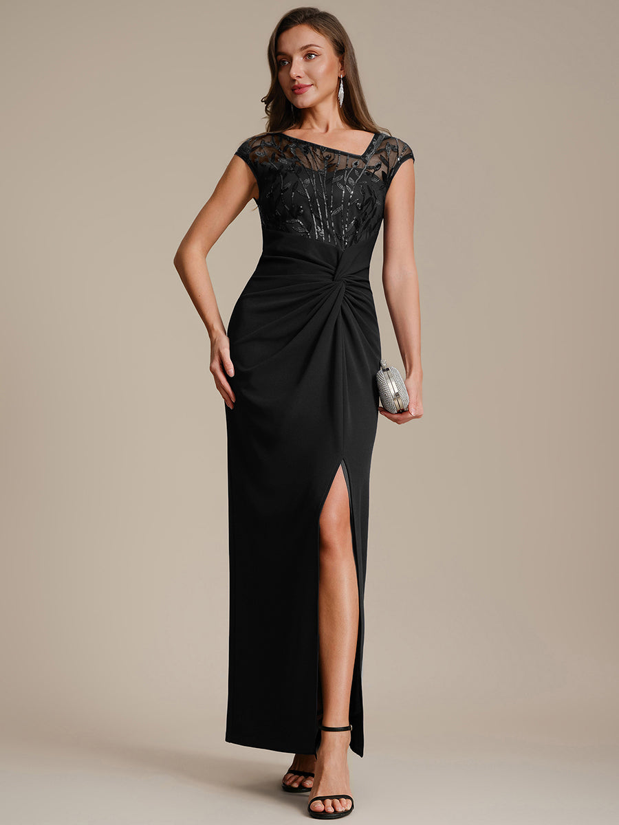 Knotted Crepe Cap Sleeve Wedding Guest Dress #color_Black