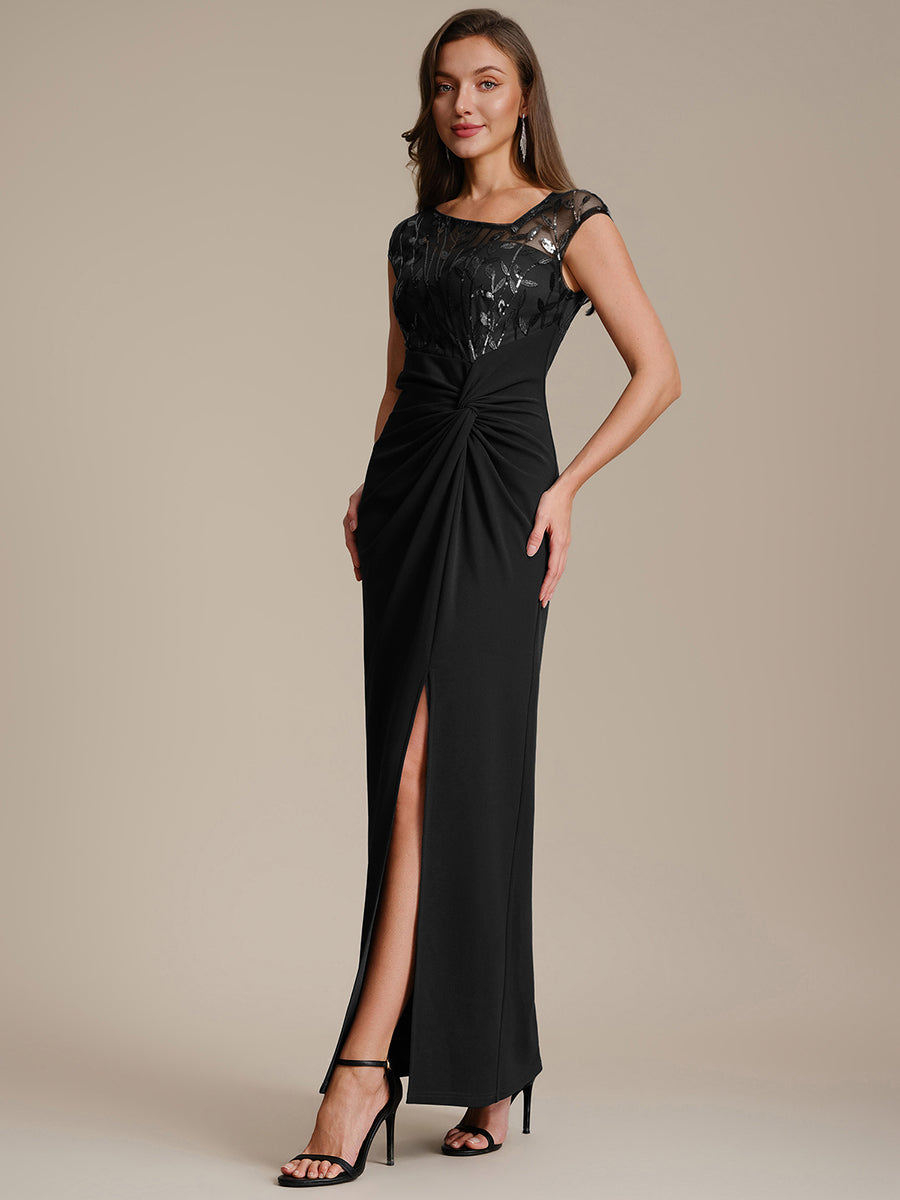 Knotted Crepe Cap Sleeve Wedding Guest Dress #color_Black