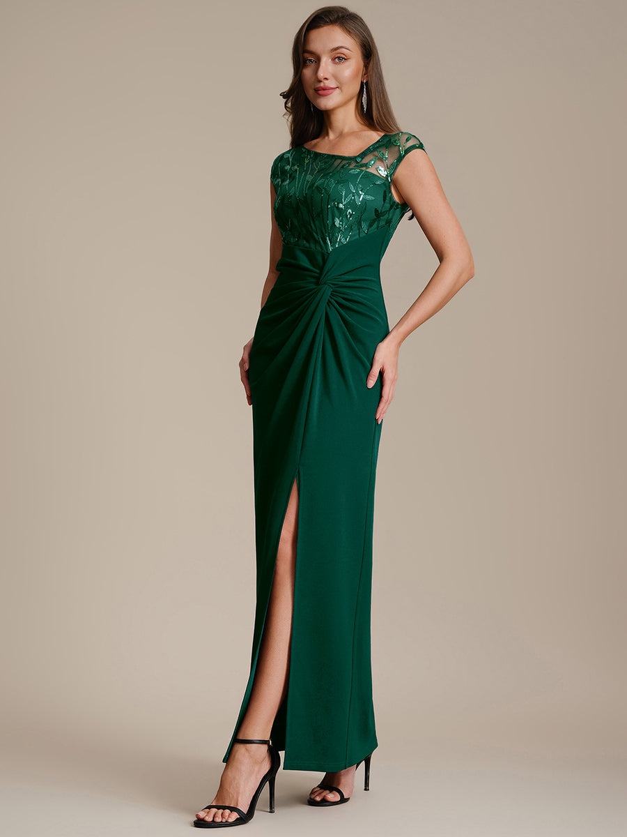 Knotted Crepe Cap Sleeve Wedding Guest Dress #color_Dark Green