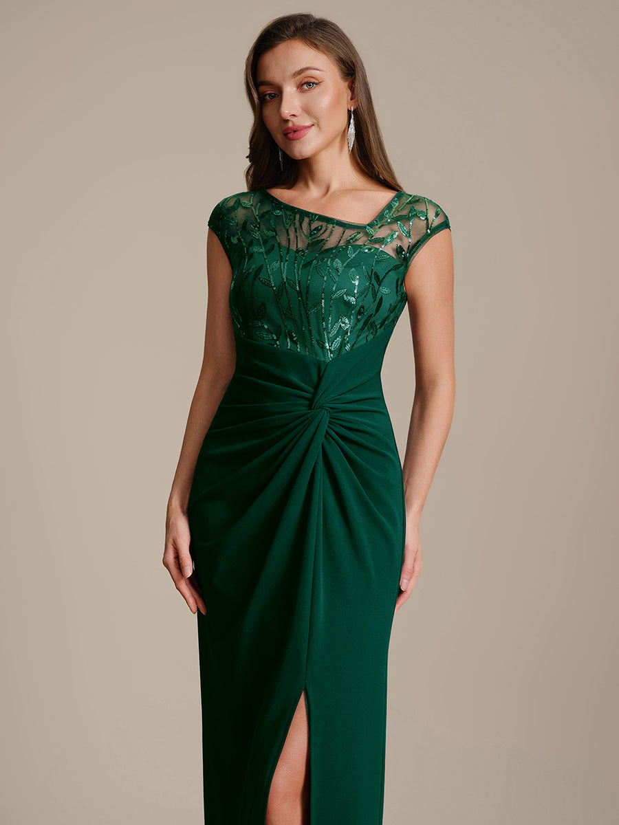 Knotted Crepe Cap Sleeve Wedding Guest Dress #color_Dark Green