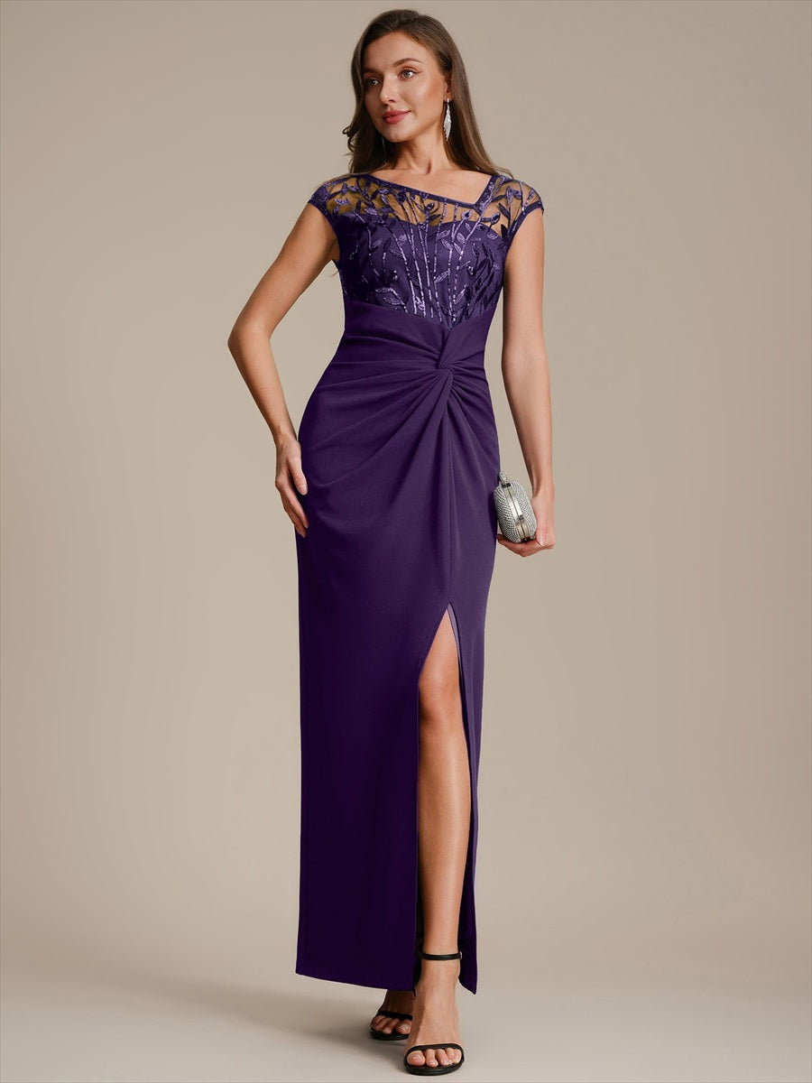 Knotted Crepe Cap Sleeve Wedding Guest Dress #color_Dark Purple