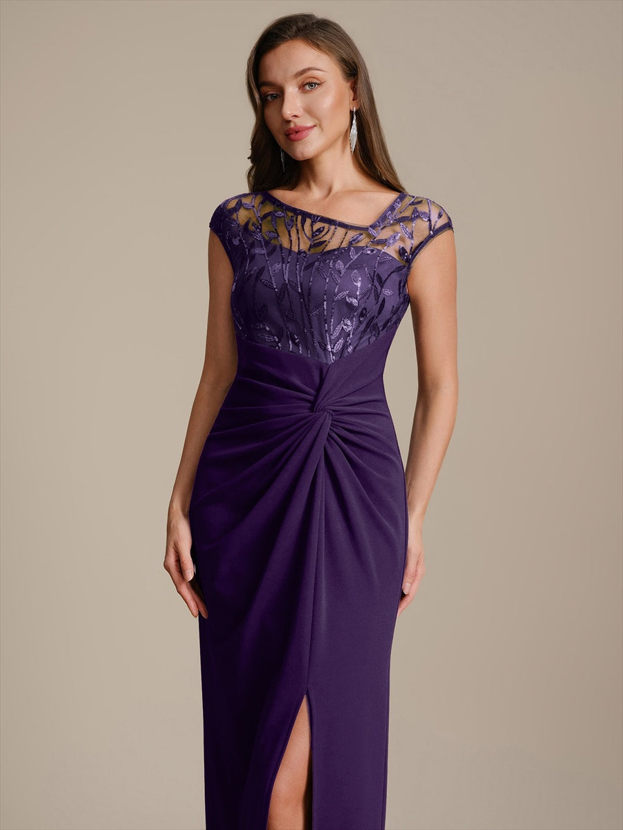 Knotted Crepe Cap Sleeve Wedding Guest Dress #color_Dark Purple