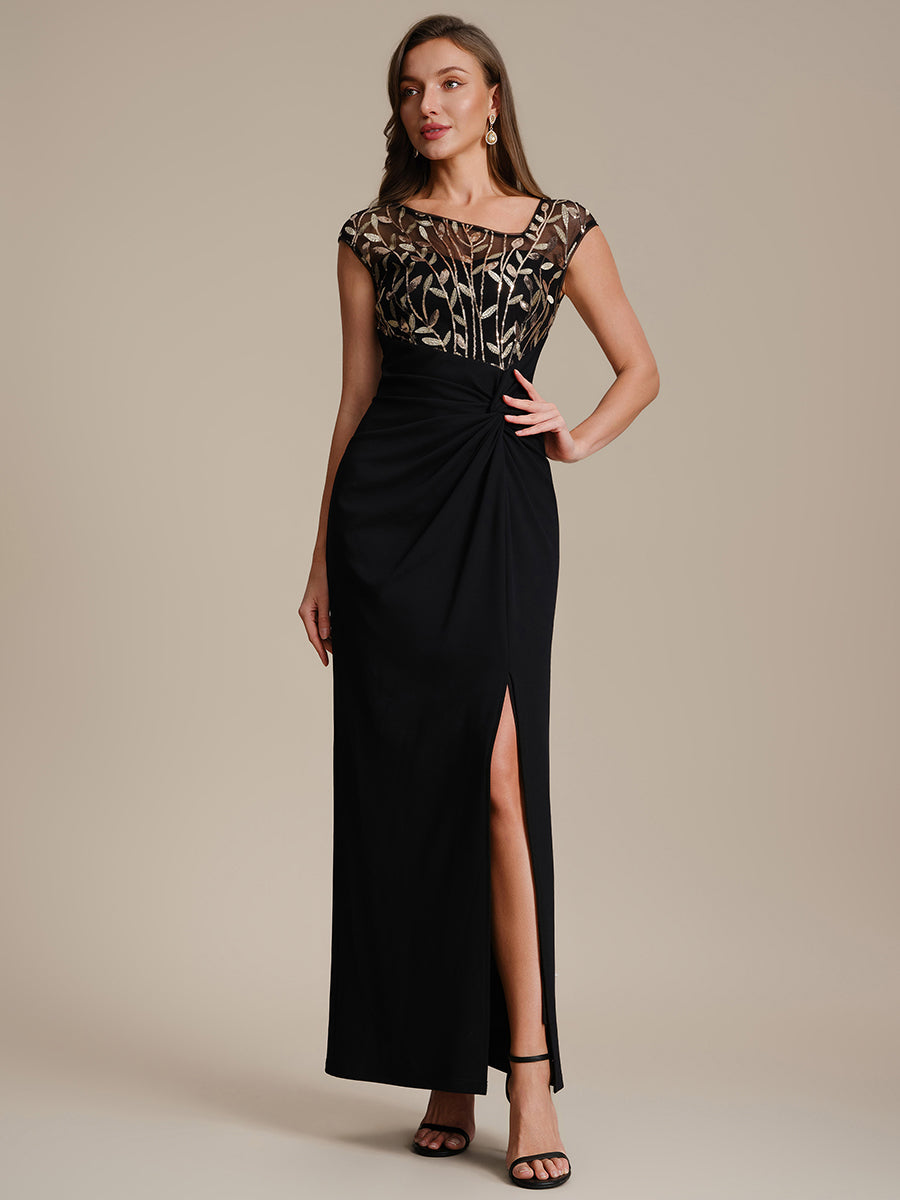 Knotted Crepe Cap Sleeve Wedding Guest Dress #color_Black & Gold