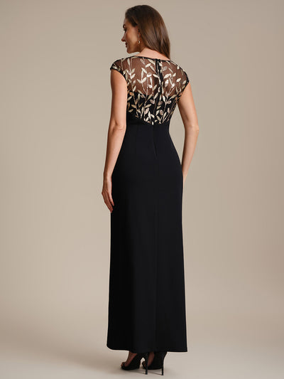 Knotted Crepe Cap Sleeve Wedding Guest Dress #color_Black & Gold