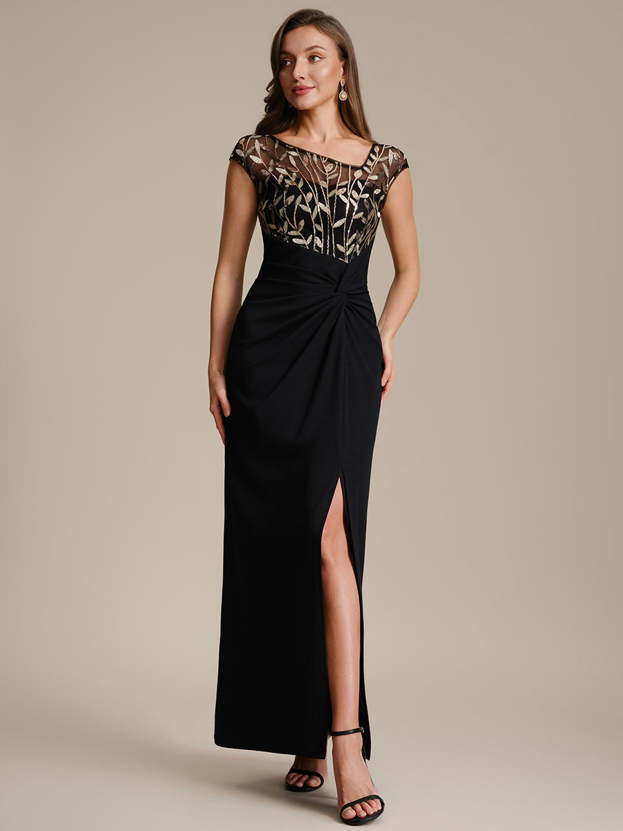 Knotted Crepe Cap Sleeve Wedding Guest Dress #color_Black & Gold