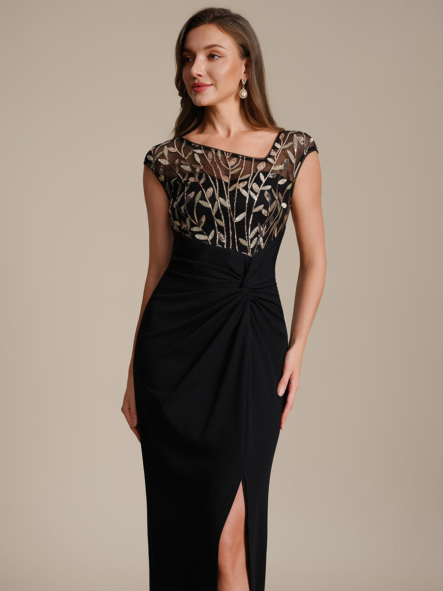 Knotted Crepe Cap Sleeve Wedding Guest Dress #color_Black & Gold