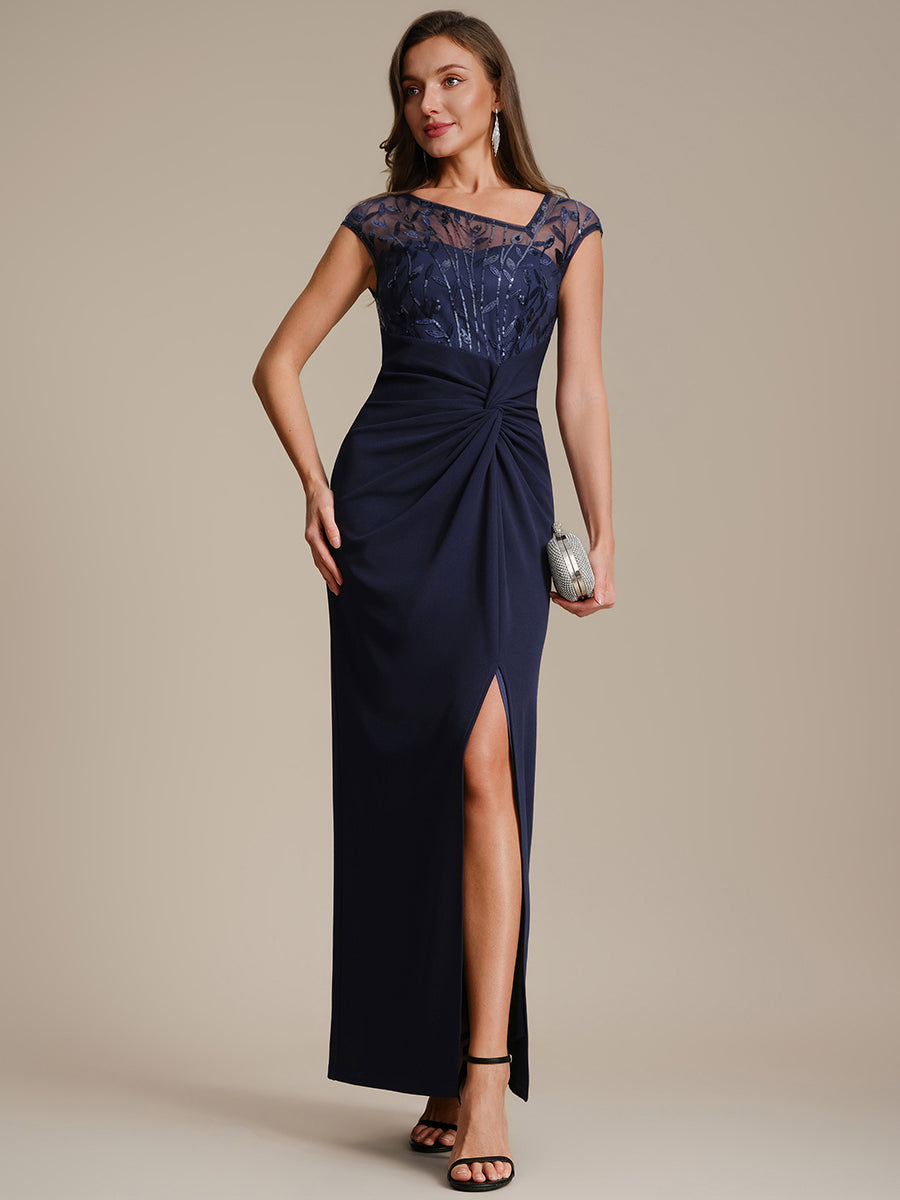 Knotted Crepe Cap Sleeve Wedding Guest Dress #color_Navy Blue