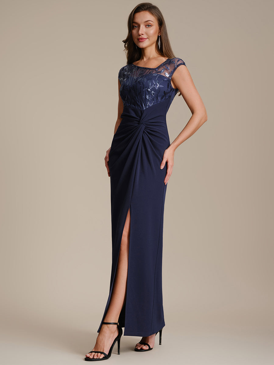 Knotted Crepe Cap Sleeve Wedding Guest Dress #color_Navy Blue