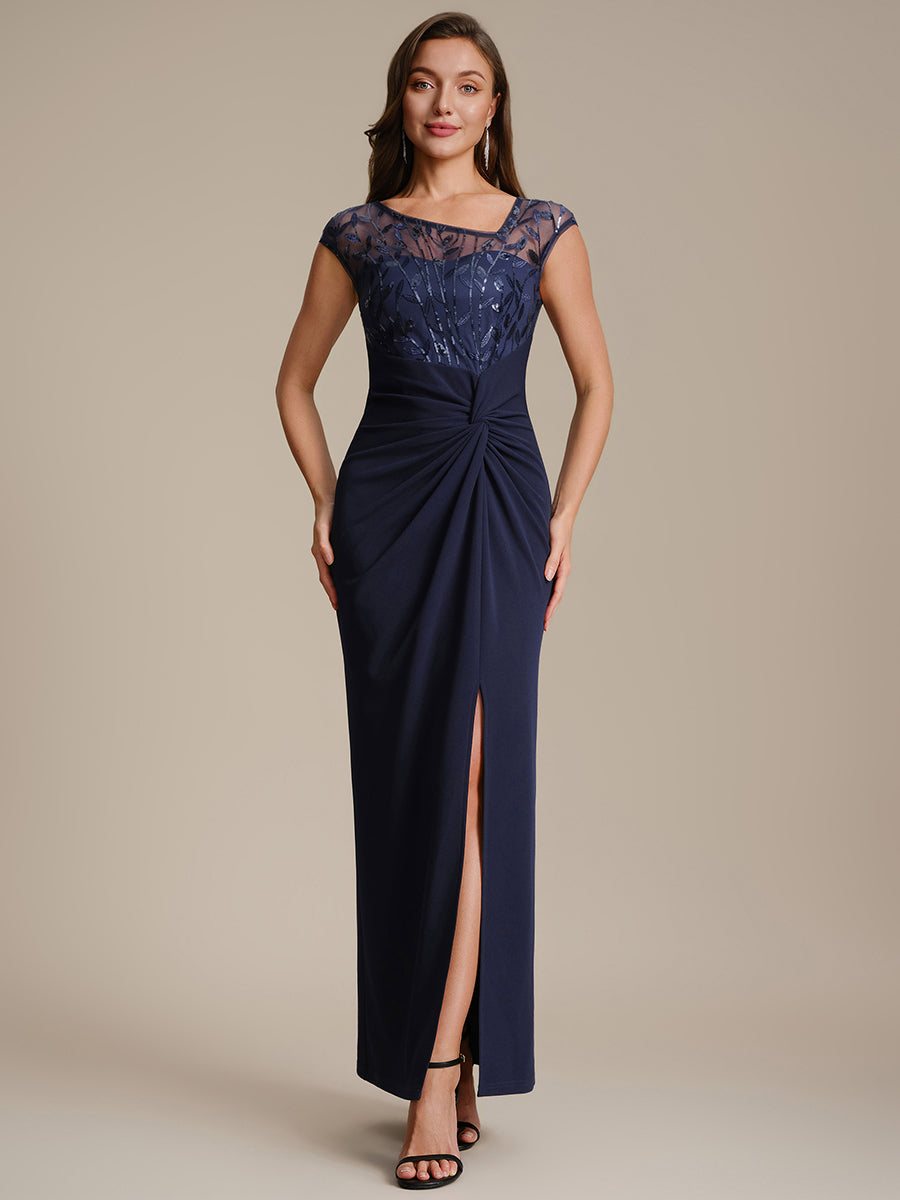 Knotted Crepe Cap Sleeve Wedding Guest Dress #color_Navy Blue