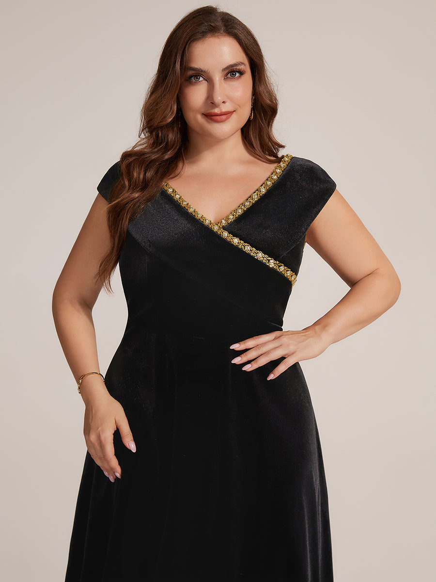 Velvet Cap Sleeve A-Line Wedding Guest Dress #color_Black