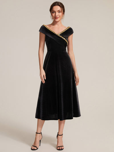 Velvet Cap Sleeve A-Line Wedding Guest Dress
