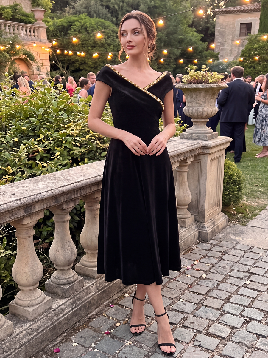 Velvet Cap Sleeve A-Line Wedding Guest Dress #color_Black