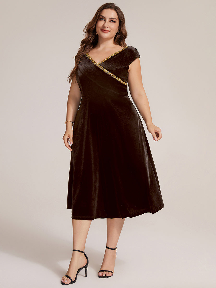 Plus Size Velvet Cap Sleeve Wedding Guest Dress #color_Brown