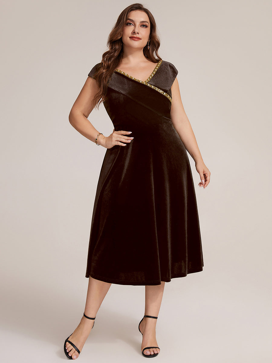 Velvet Cap Sleeve A-Line Wedding Guest Dress #color_Brown