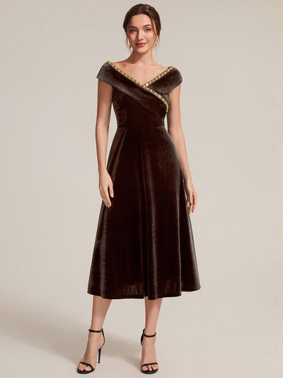Velvet Cap Sleeve A-Line Wedding Guest Dress