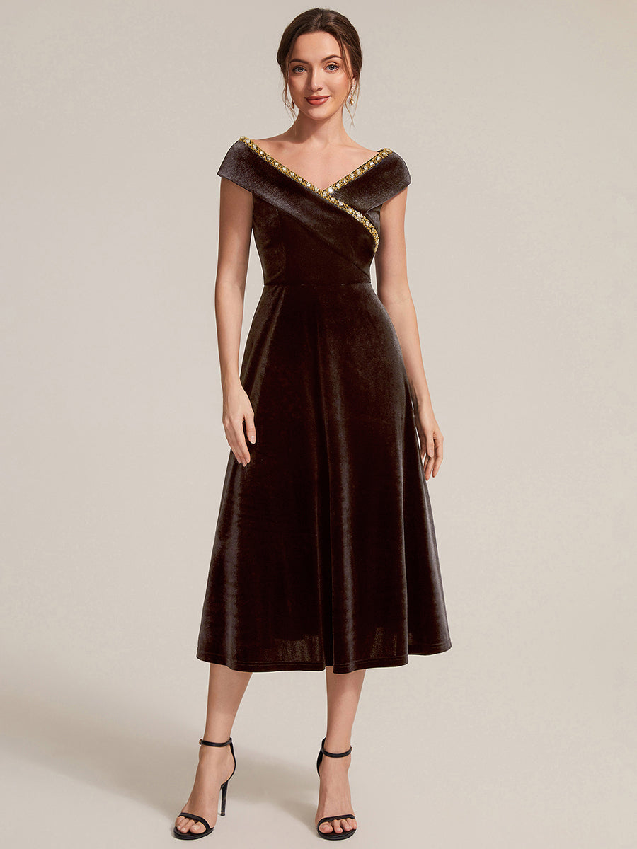 Velvet Cap Sleeve A-Line Wedding Guest Dress #color_Brown