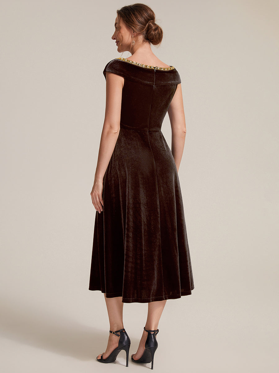 Velvet Cap Sleeve A-Line Wedding Guest Dress #color_Brown
