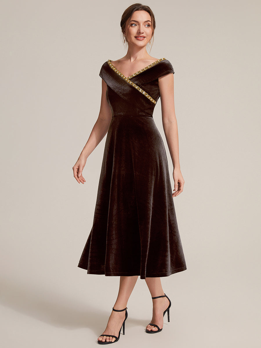 Velvet Cap Sleeve A-Line Wedding Guest Dress #color_Brown