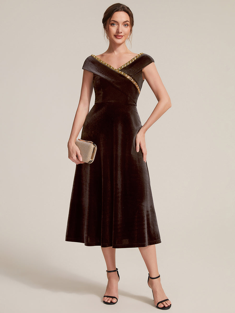 Velvet Cap Sleeve A-Line Wedding Guest Dress #color_Brown