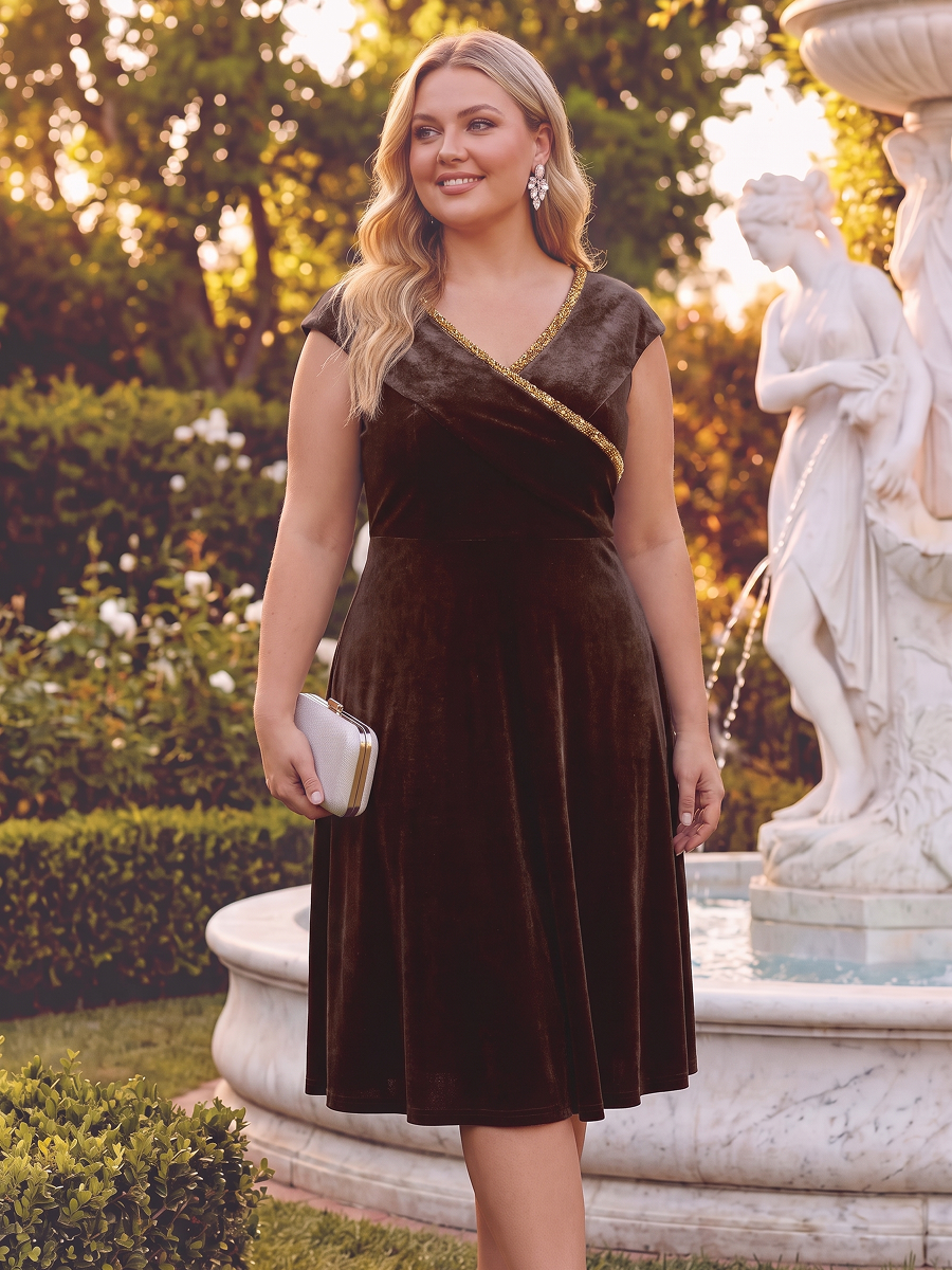 Plus Size Velvet Cap Sleeve Wedding Guest Dress #color_Brown
