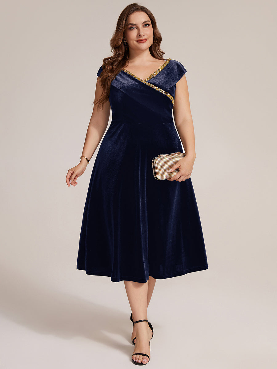 Velvet Cap Sleeve A-Line Wedding Guest Dress #color_Navy Blue