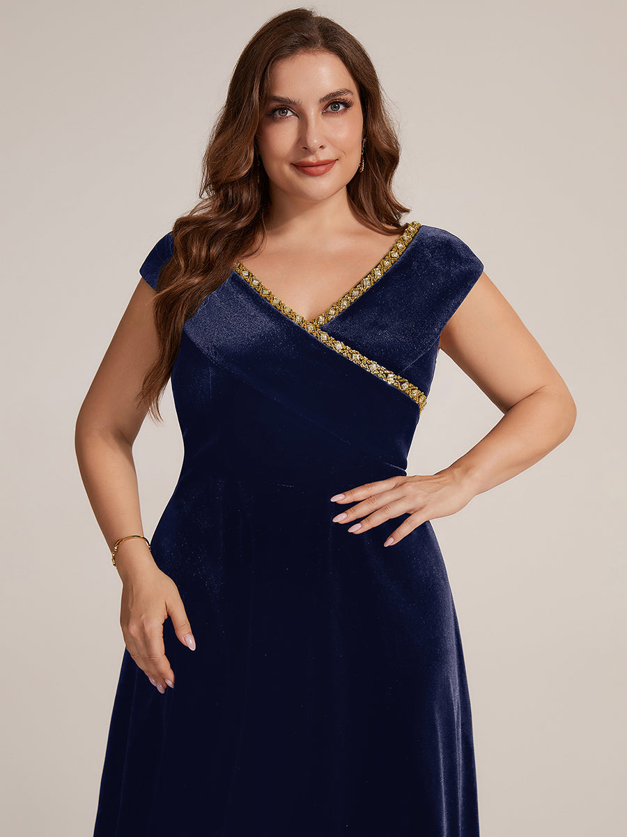 Plus Size Velvet Cap Sleeve Wedding Guest Dress #color_Navy Blue