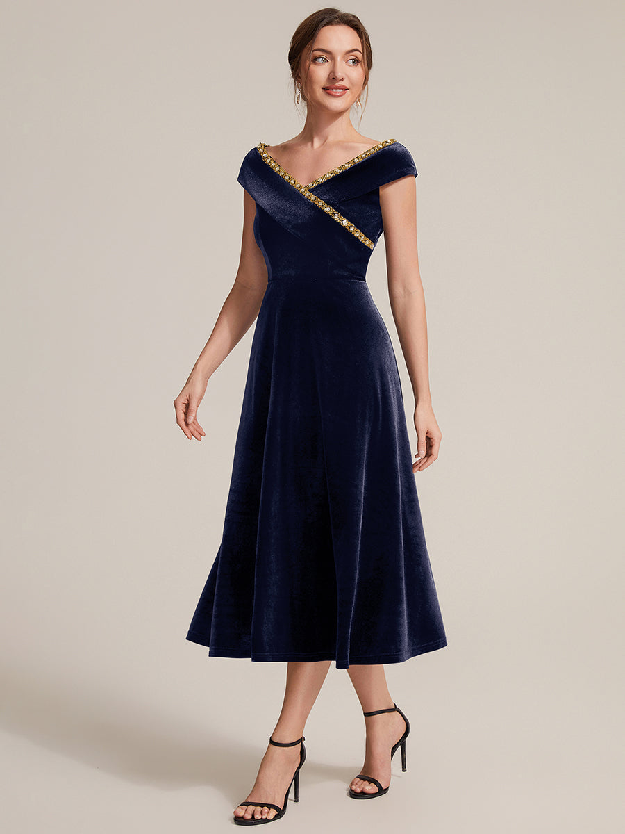 Velvet Cap Sleeve A-Line Wedding Guest Dress #color_Navy Blue
