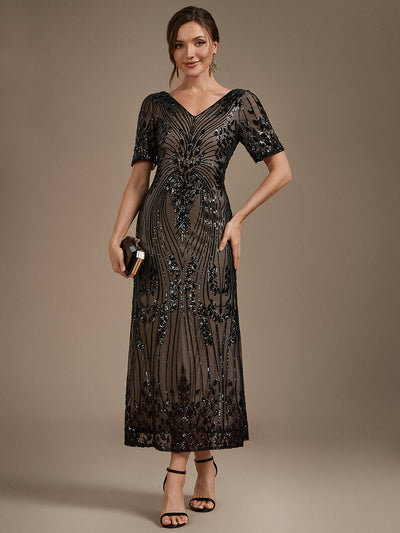 Sequin Fitted Sleeve Mermaid Wedding Guest Dress