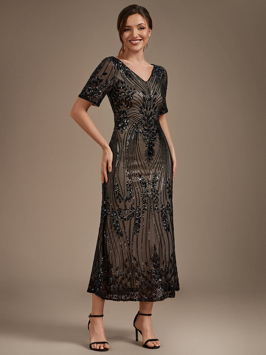 Sequin Fitted Sleeve Mermaid Wedding Guest Dress #color_Black